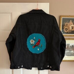 Black Denim Jacket with Bird Needlepoint Embroidery